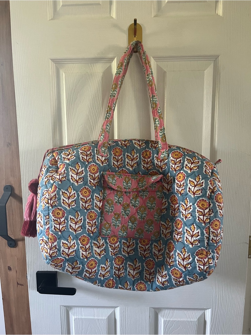 Zara Quilted Floral Block Print Weekender Travel Bag Blue Pink - Medium